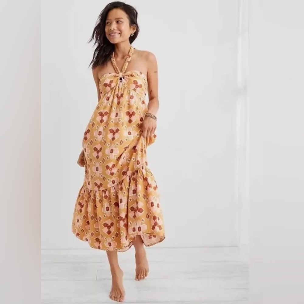 Aerie Women S Orange Printed Boho Linen Blend High Low Halter Maxi Dress NWT